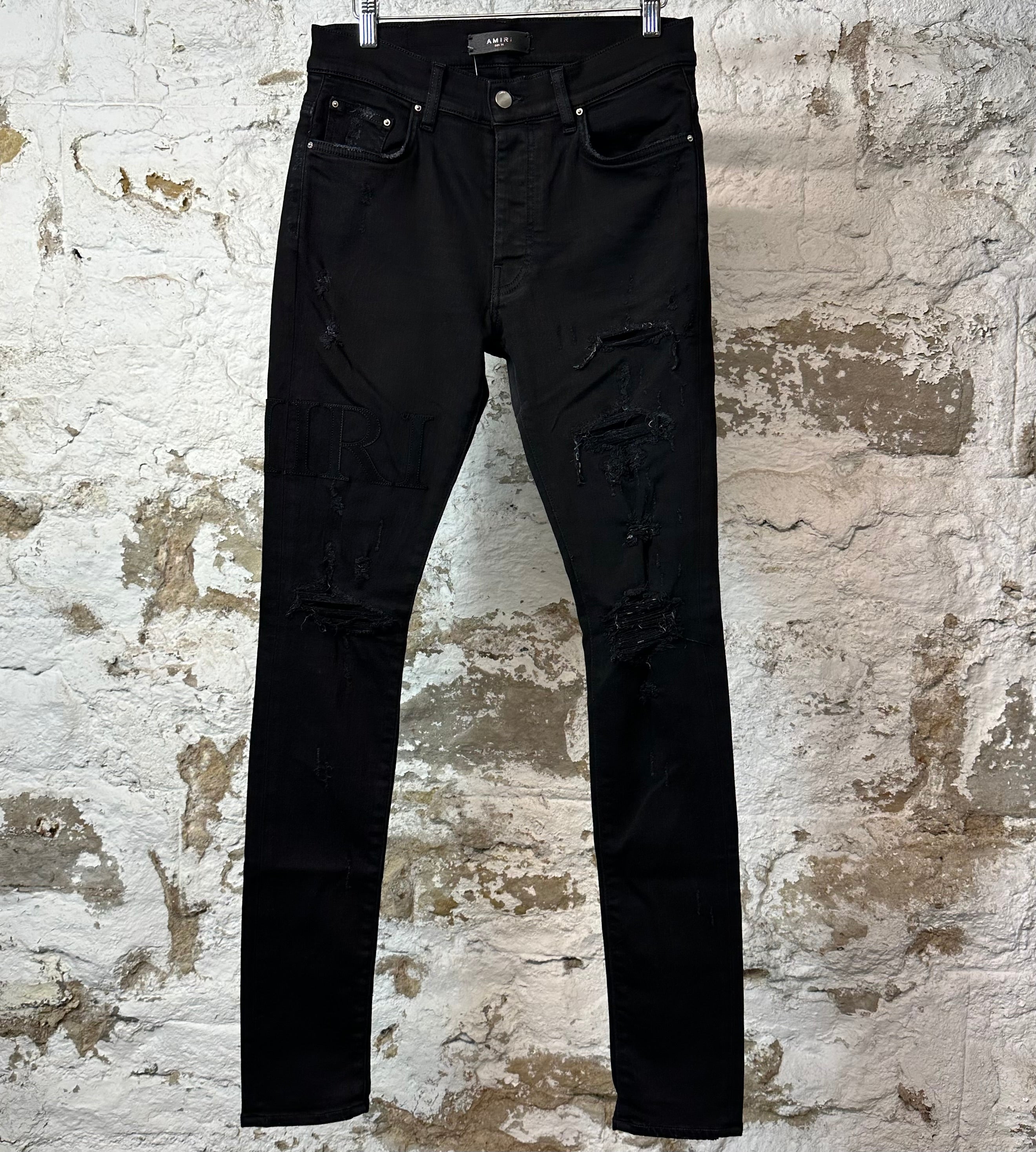 Amiri Black Suede Spell Black Denim Jeans Sz 31