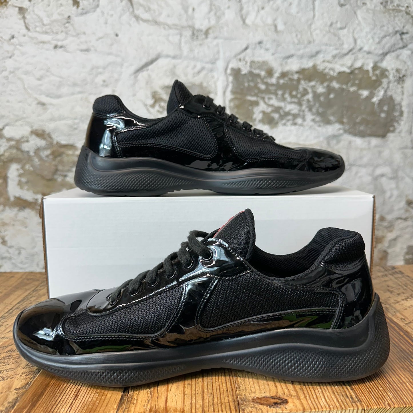 Prada Americas Cup Triple Black Patent Sneaker Sz 9