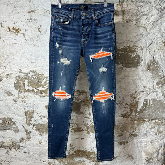 Amiri MX1 Orange Suede Dark Blue Denim Jeans Sz 32