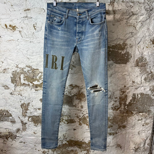 Amiri MX1 Camo Spell Blue Denim Jeans Sz 30