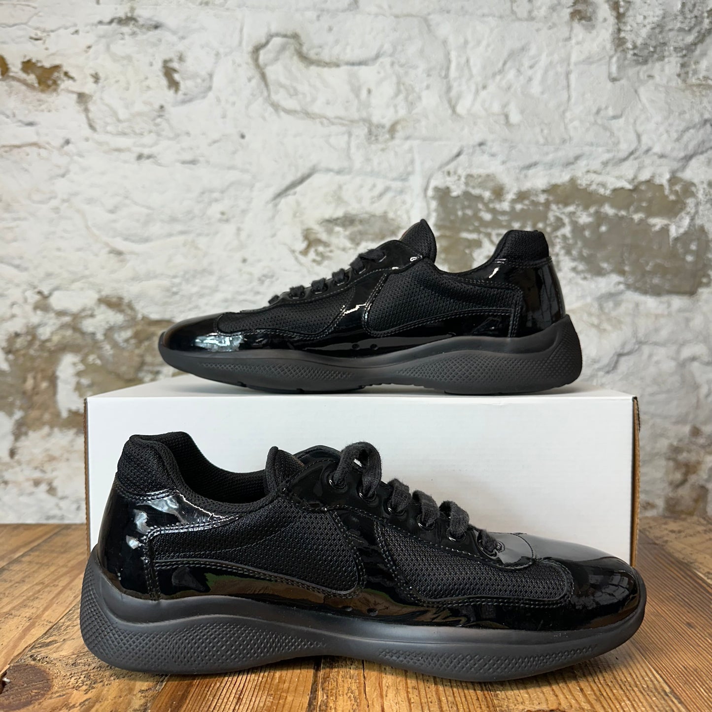 Prada Americas Cup Triple Black Patent Sneaker Sz 8.5