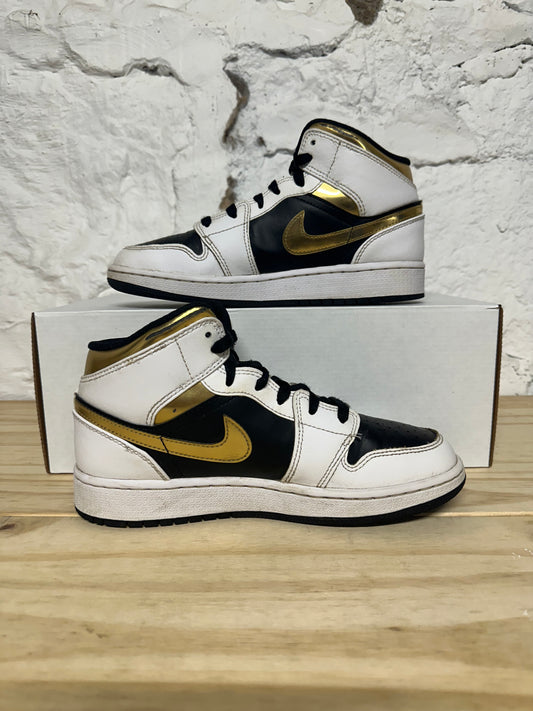 Air Jordan 1 Mid White Black Gold Sz 5.5Y