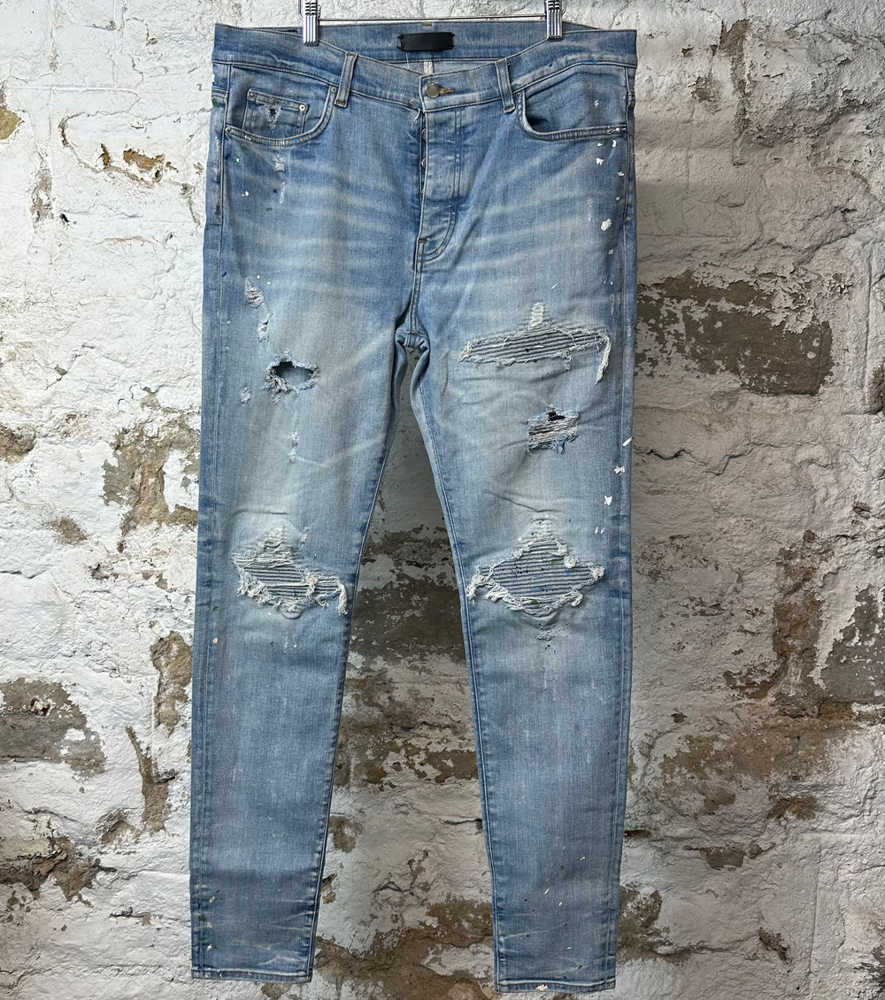 Amiri MX1 Denim Paint Splatter Blue Denim Jeans Sz 38