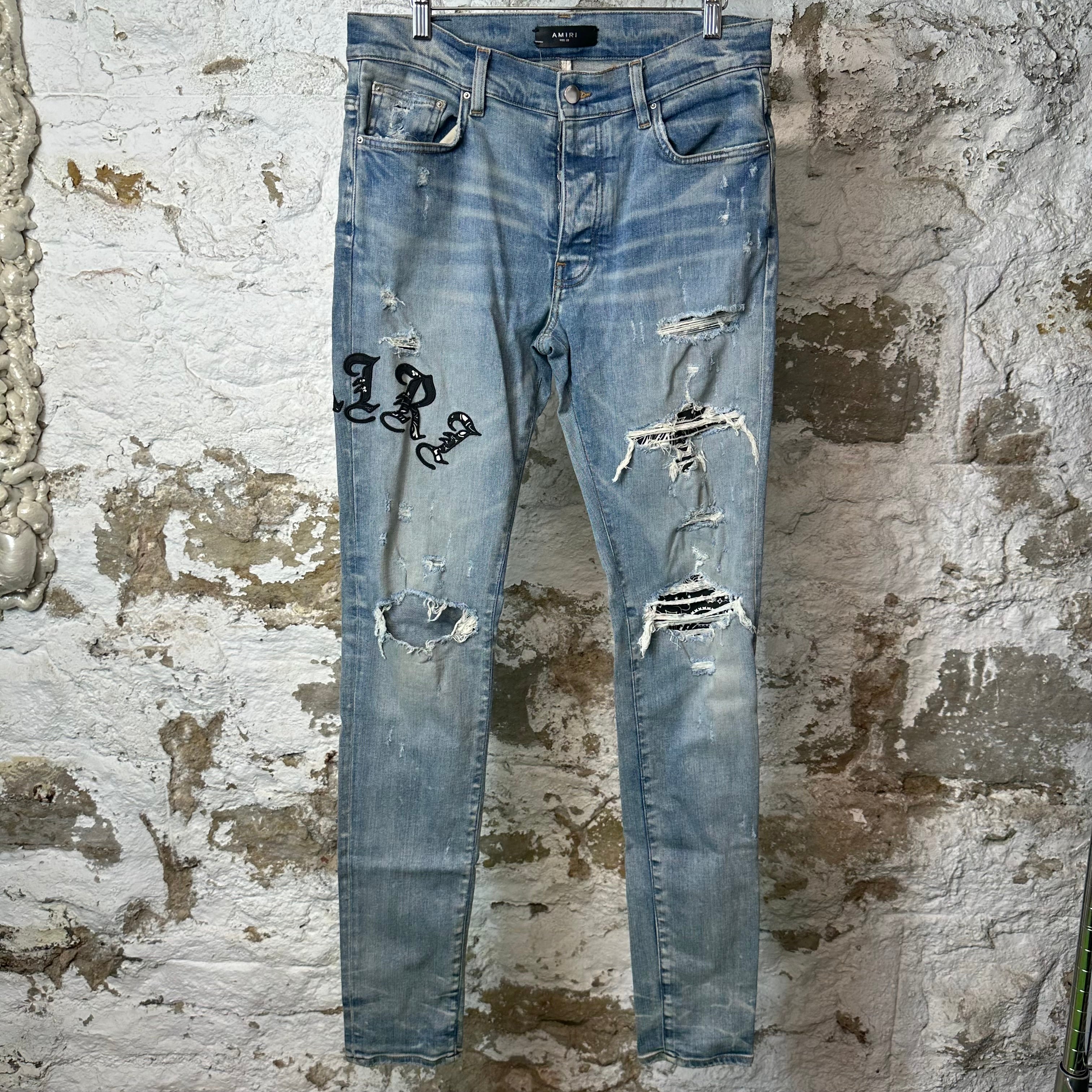 Amiri Black Paisley Old English Blue Denim Jeans Sz 32