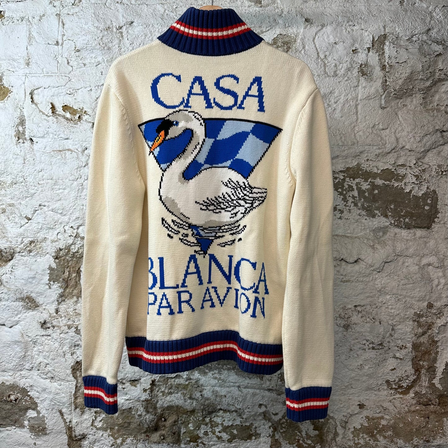 Casablanca Intarsia Swan Knit Zip Up Jacket Cream Sz M