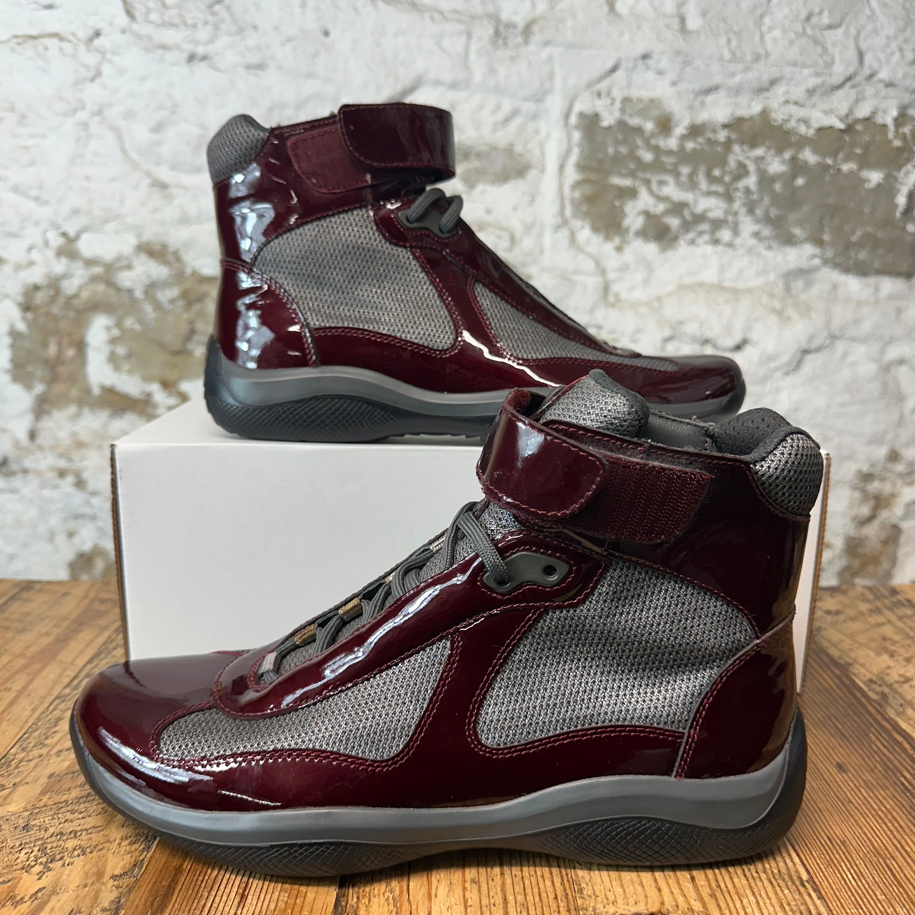 Prada High Americas Cup Vintage Maroon Patent Grey Sneaker Sz 7