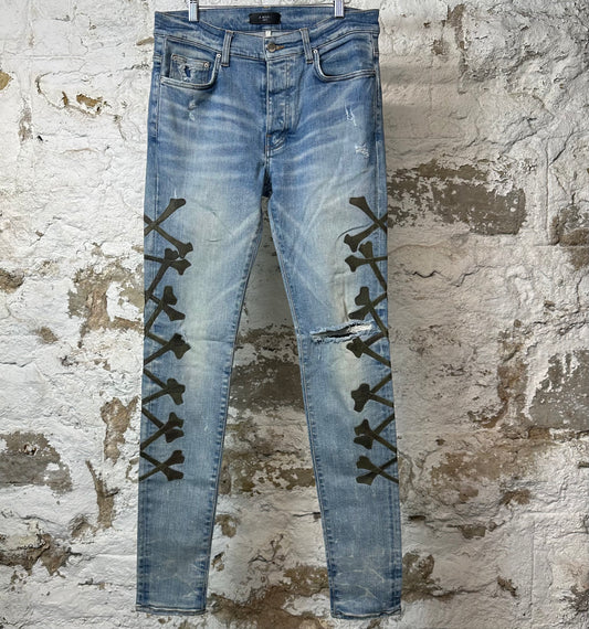 Amiri Green Camo Bones Blue Denim Jeans Sz 32