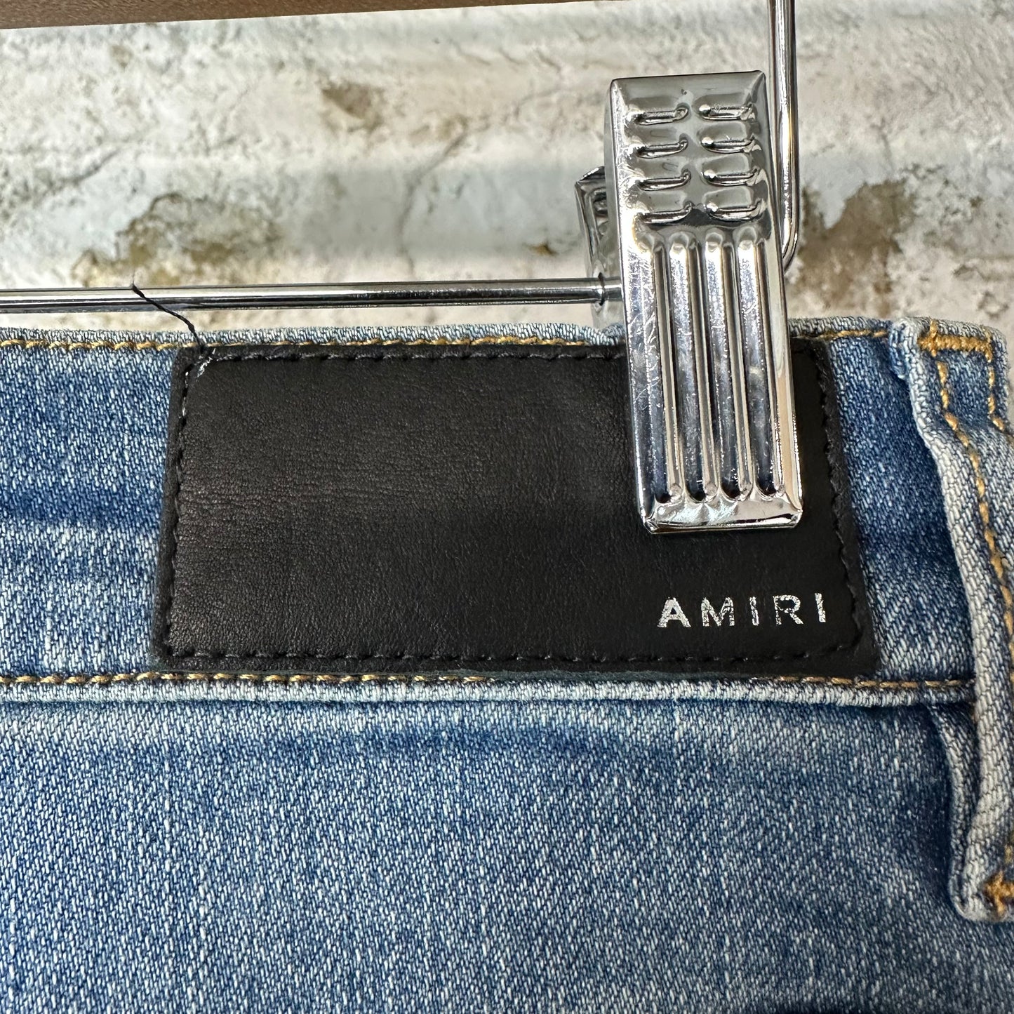 Amiri Brown Leather Spell Blue Denim Jeans Sz 29