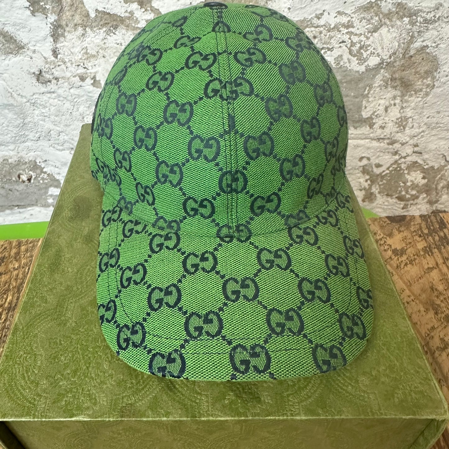 Gucci Black GG Monogram Green Hat Sz M W/ Box