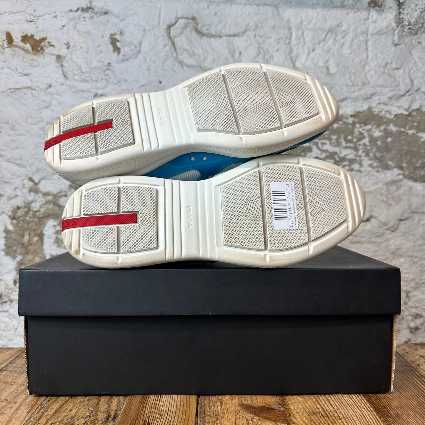 Prada Americas Cup Teal Blue Patent White Sneaker Sz 11.5