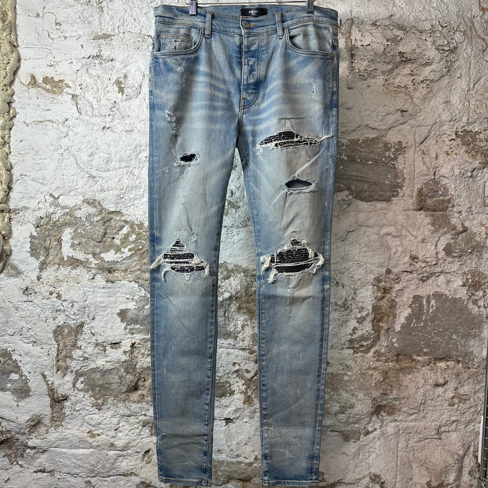Amiri MX1 Black Paisley Blue Denim Jeans Sz 33