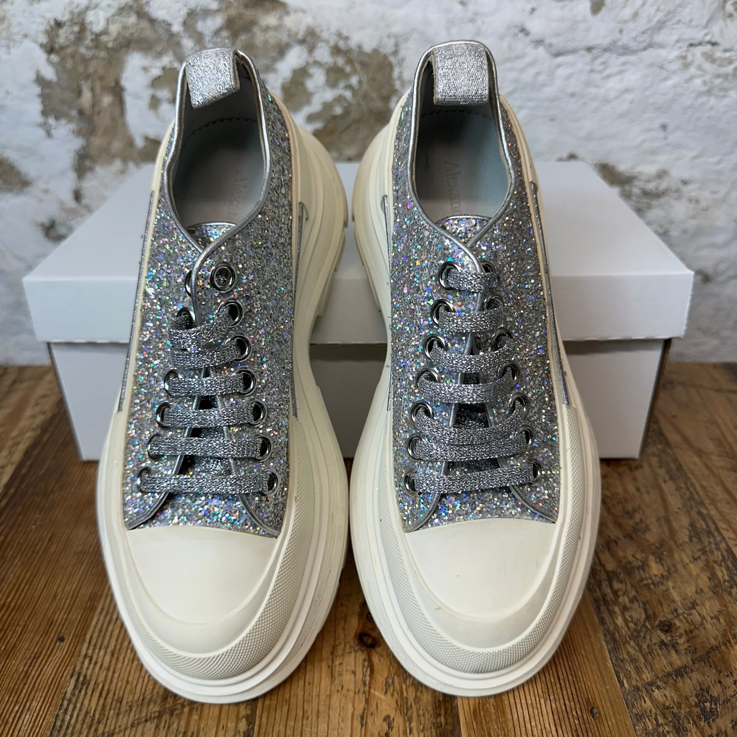 Alexander Mcqueen Low Glitter White Tread Boot Sz 5 (37) No Box