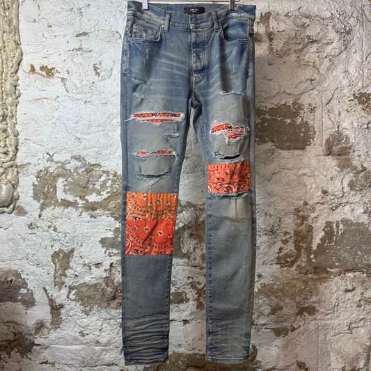 Amiri MX1 Orange Art Patch Blue Denim Jeans Sz 32