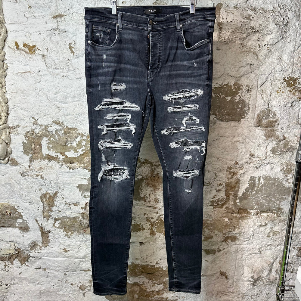 Amiri MX1 Black Paisley Thrasher Grey Denim Jeans Sz 38