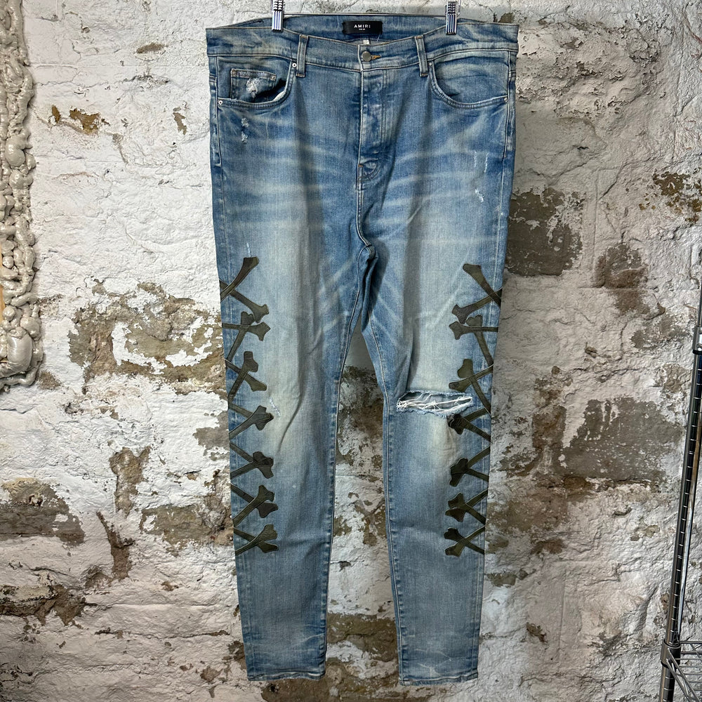 Amiri Green Camo Bones Blue Denim Jeans Sz 40