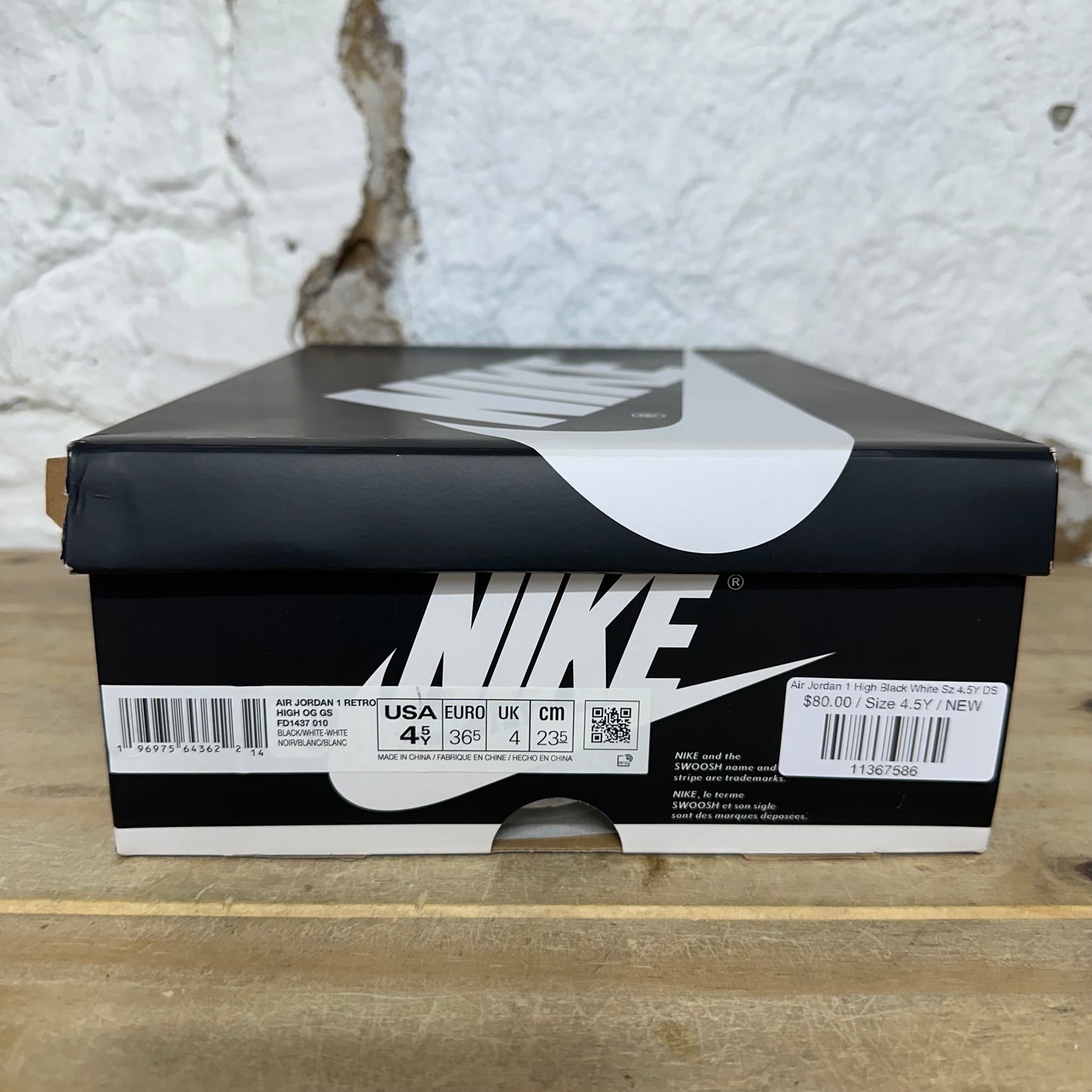 Air Jordan 1 High Black White Sz 4.5Y DS