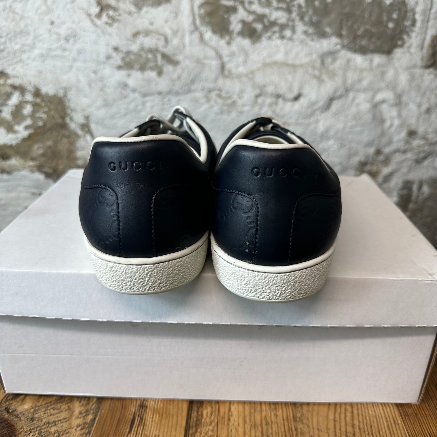 Gucci Navy Embossed GG Monogram Ace Sneaker Sz 12