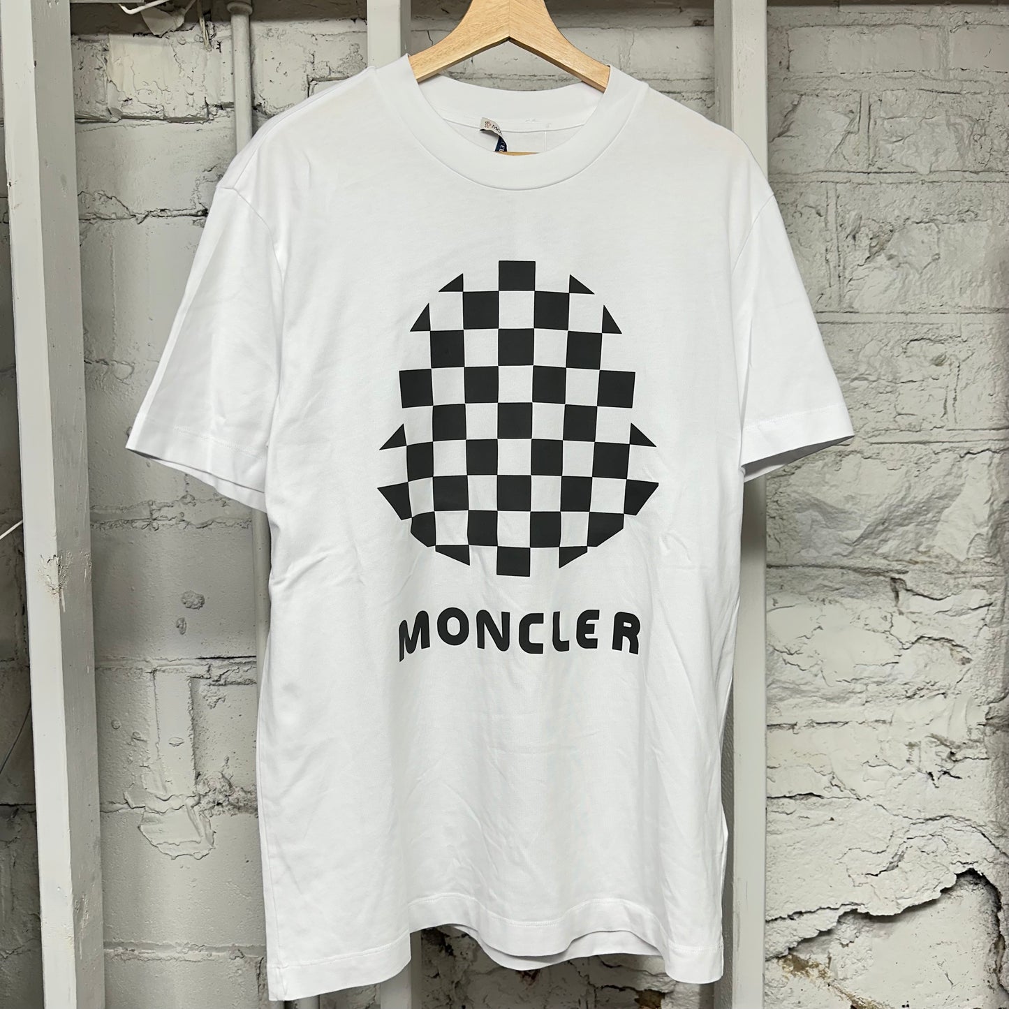 Moncler Checker Logo White T-Shirt Sz M