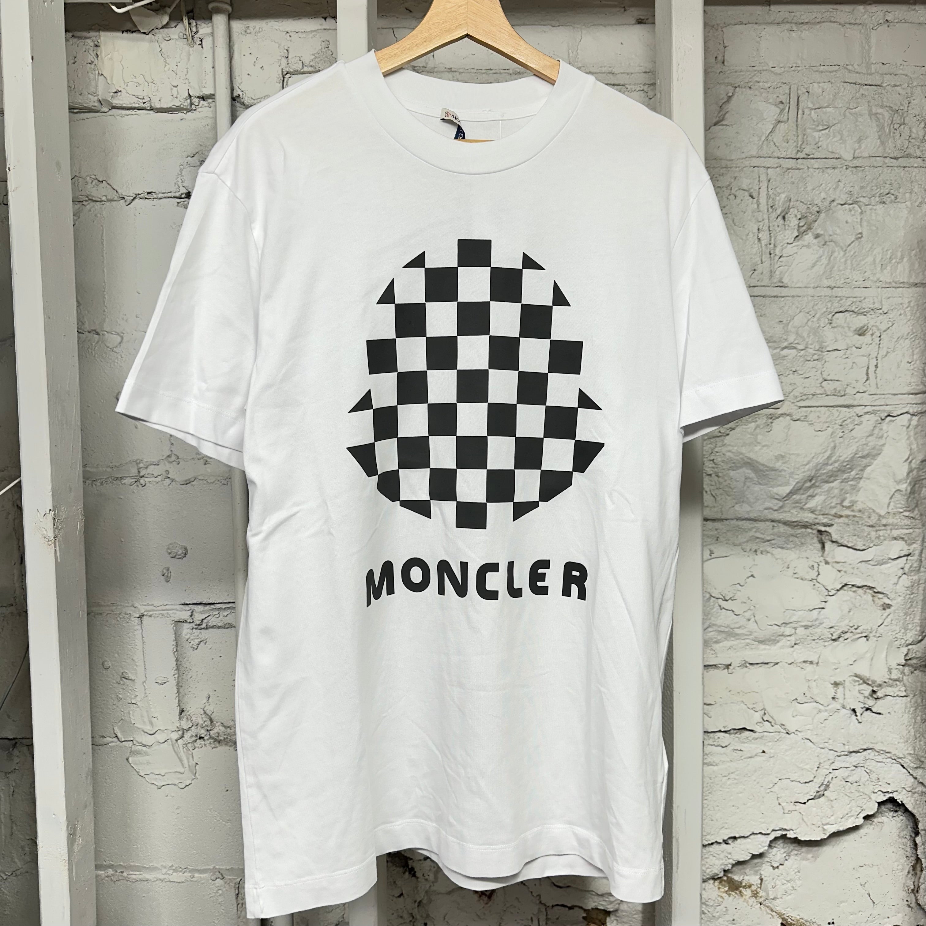 Moncler Checker Logo White T-Shirt Sz M