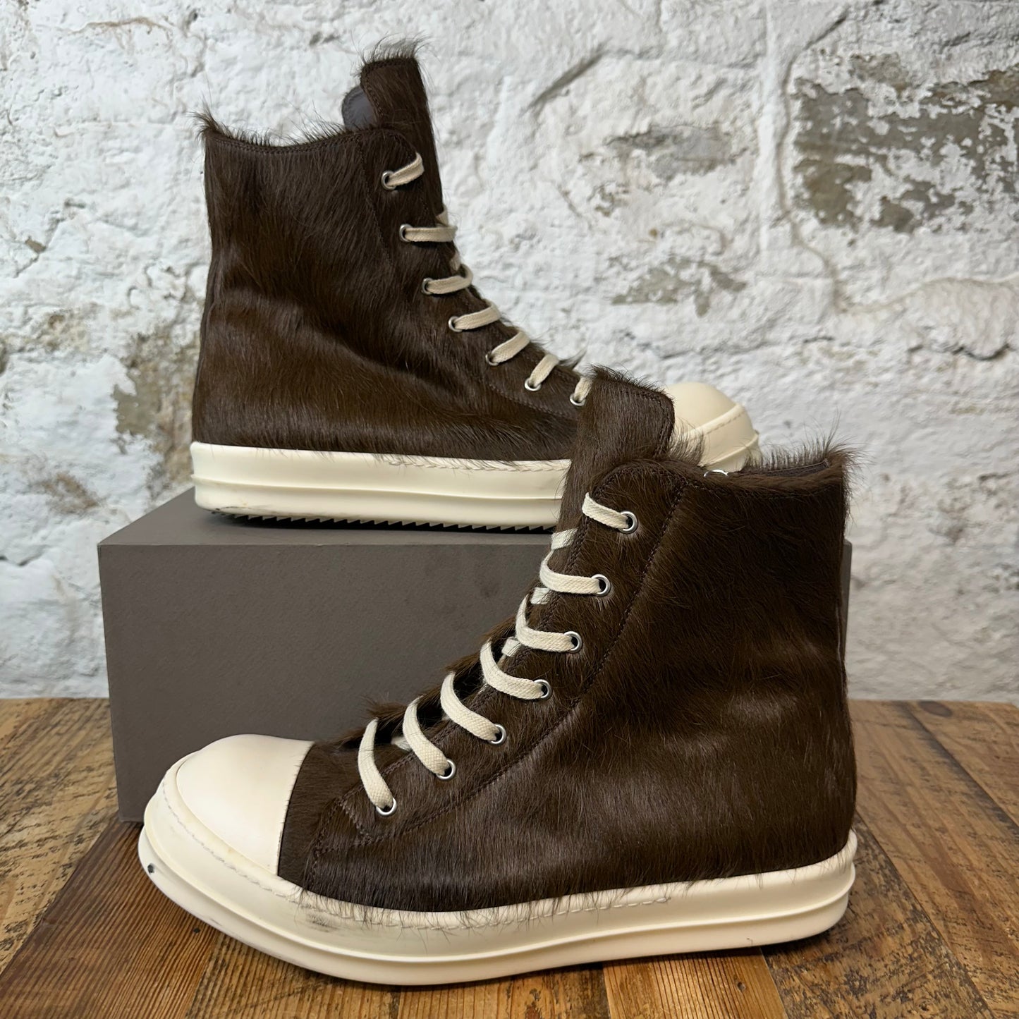 Rick Owens High Brown Pony Hair Milk Sneaker Sz 14 (47)