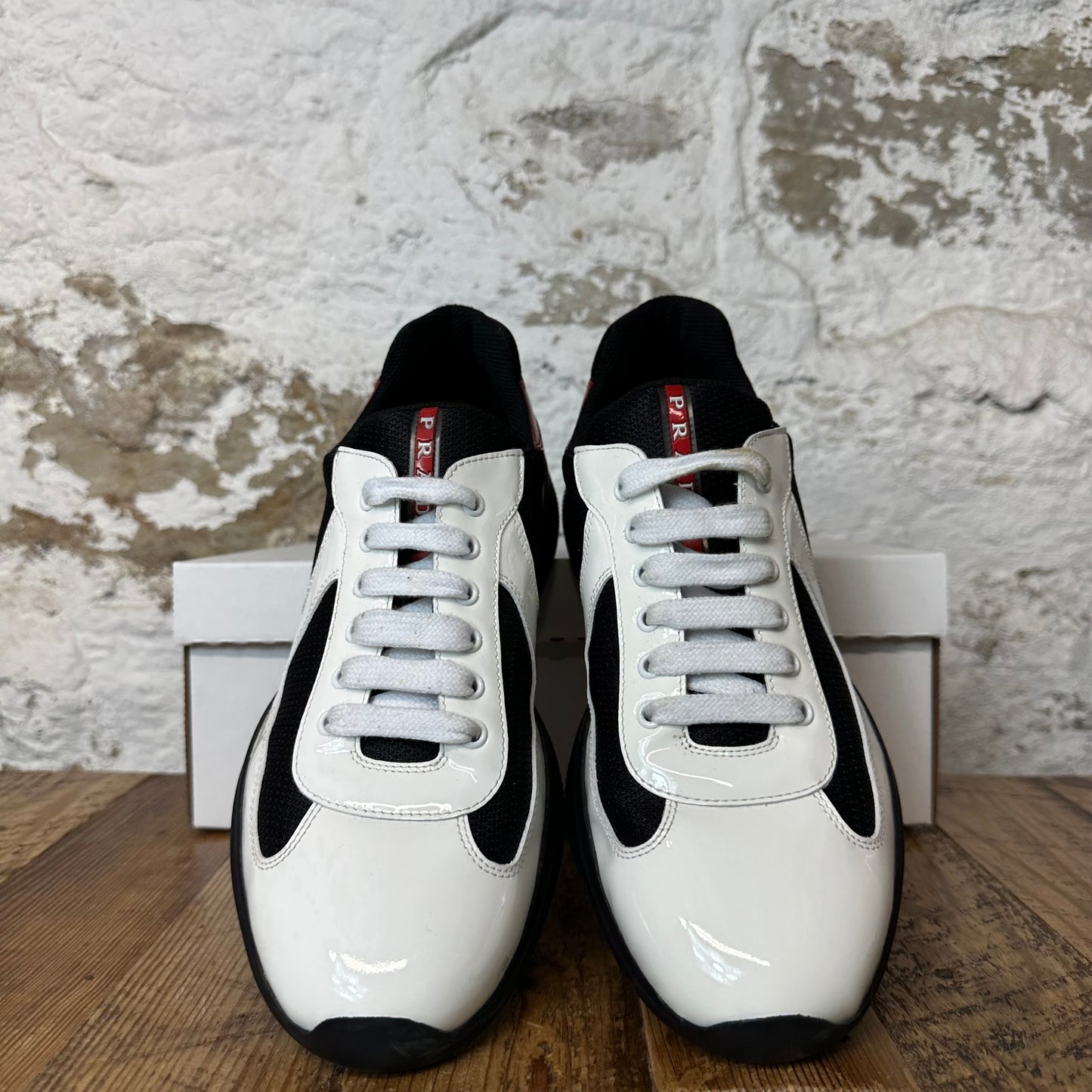 Prada Americas Cup White Patent Red Black Sneaker Sz 8 No Box