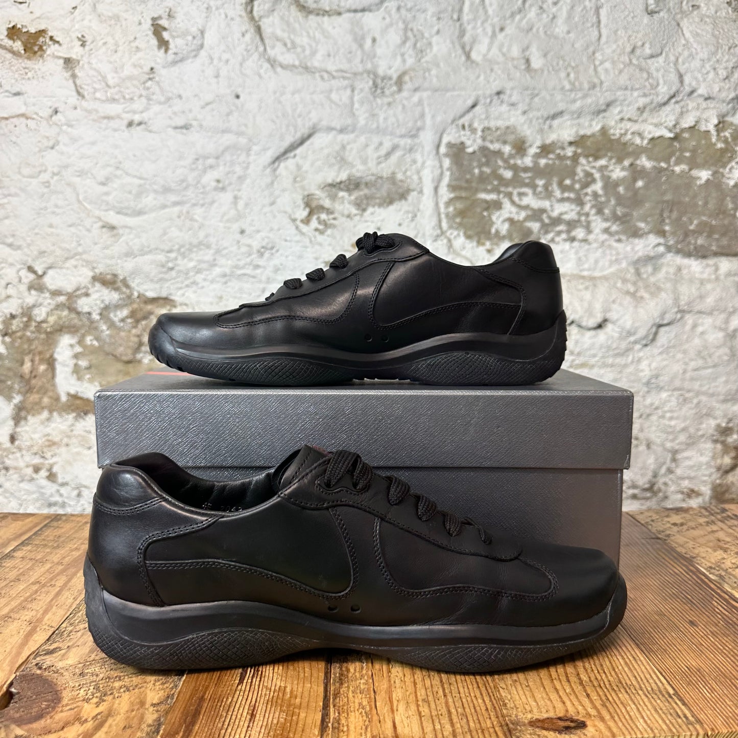 Prada Americas Cup Vintage Black Leather Sneaker Sz 9.5