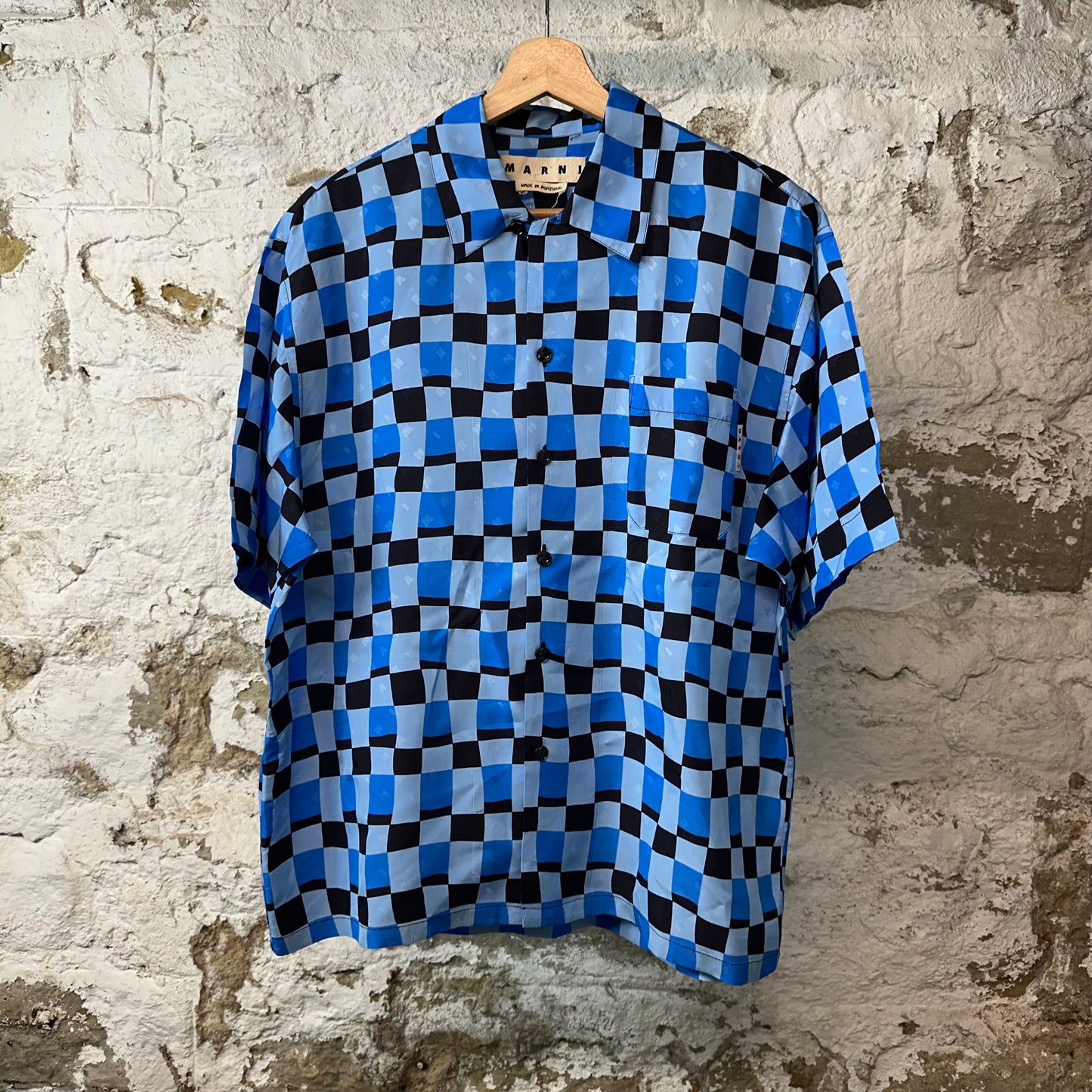 Marni Blue Black Checkered Button Up Shirt Sz S