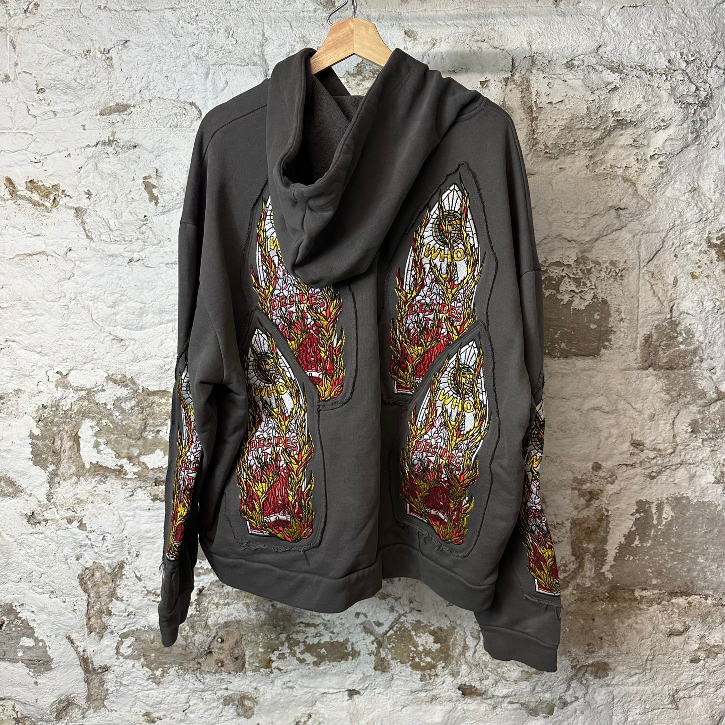 Who Decides War Flame Stained Glass Hoodie Grey Sz L