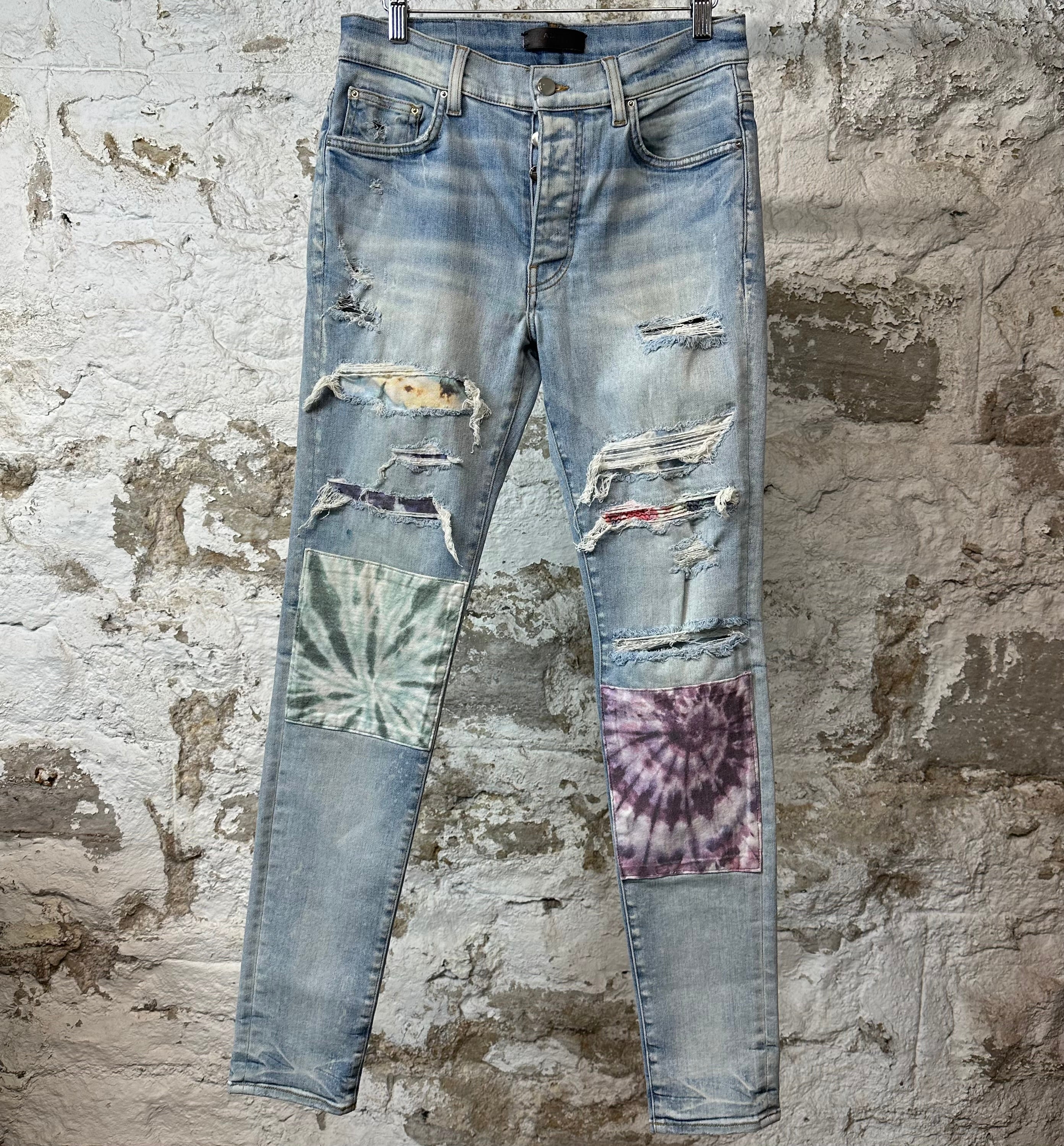 Amiri MX1 Tie-Dye Patches Blue Denim Jeans Sz 31