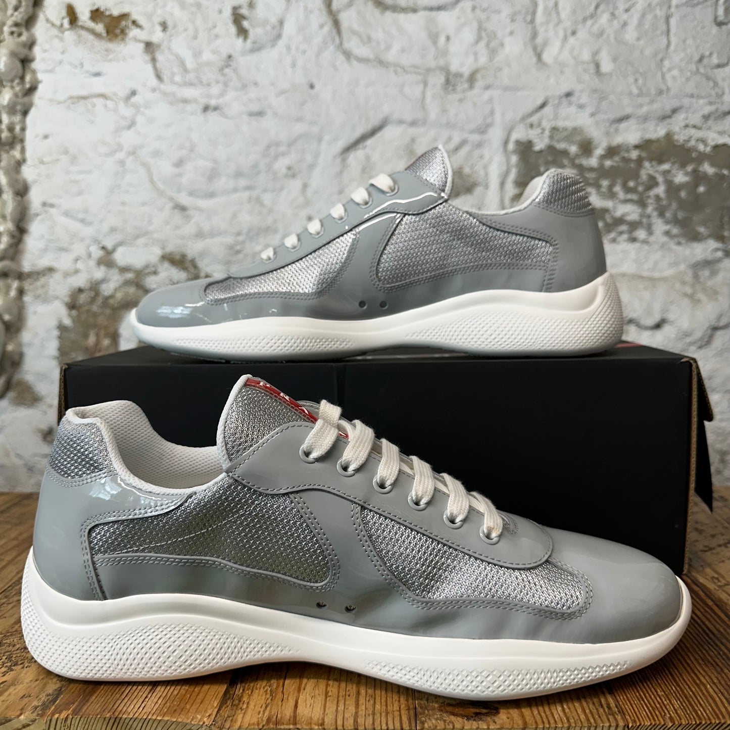 Prada Americas Cup Grey Patent White Sneaker Sz 11