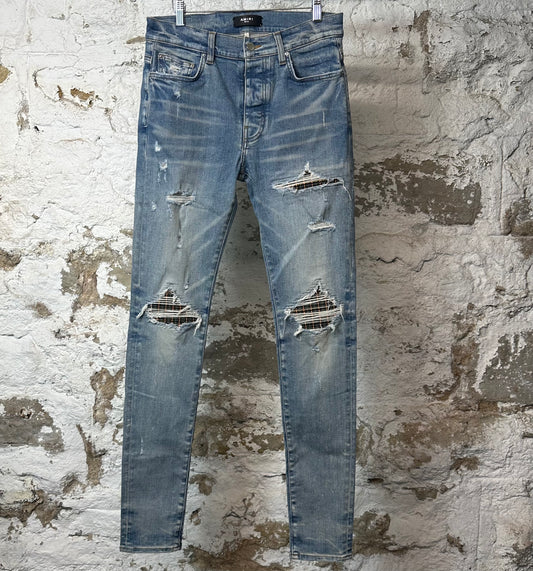Amiri MX1 Gray Orange Plaid Blue Denim Jeans Sz 32
