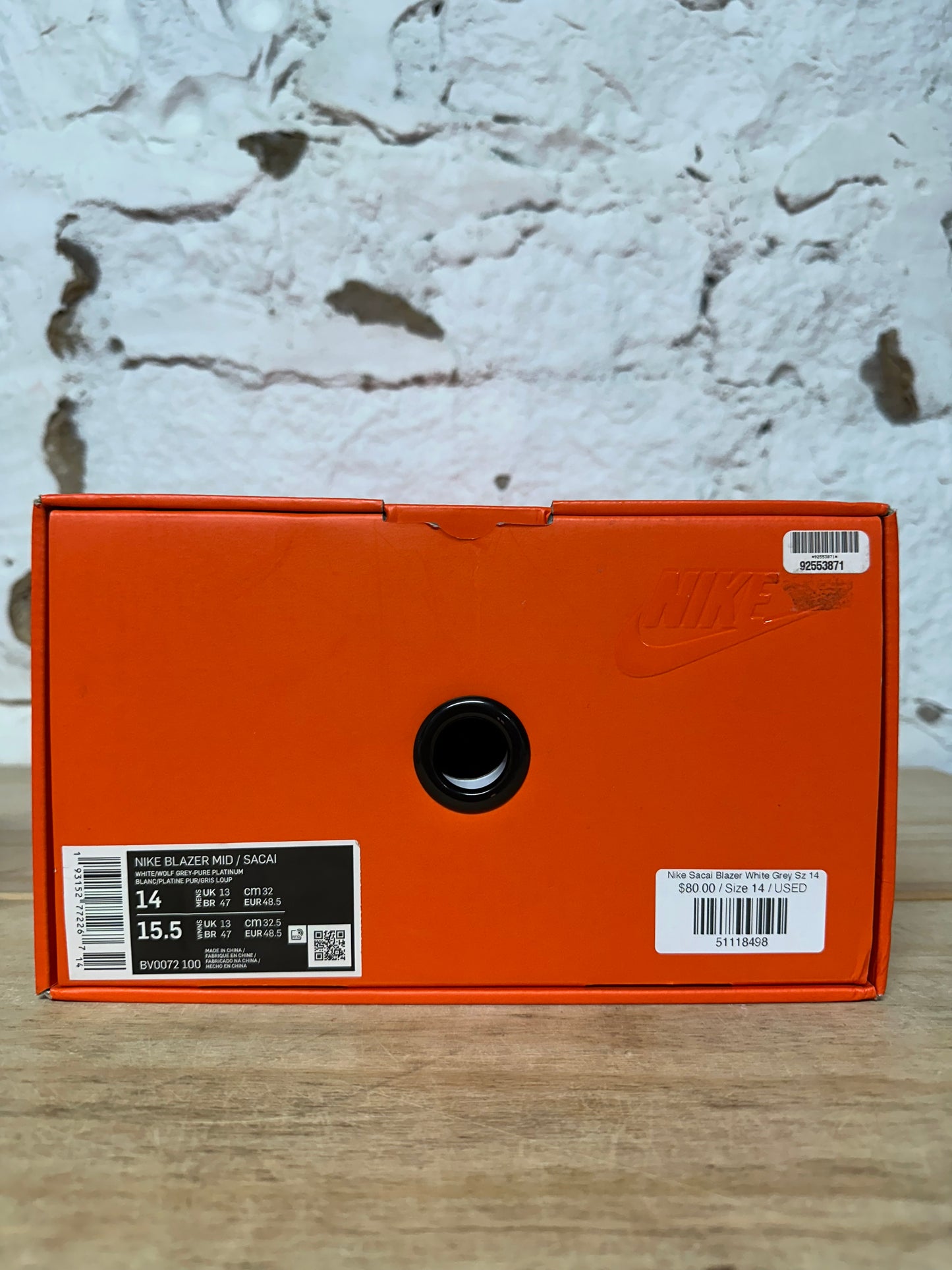 Nike Sacai Blazer White Grey Sz 14
