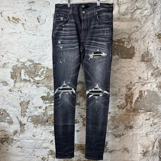 Amiri MX1 Black Leather Grey Denim Jeans Sz 31