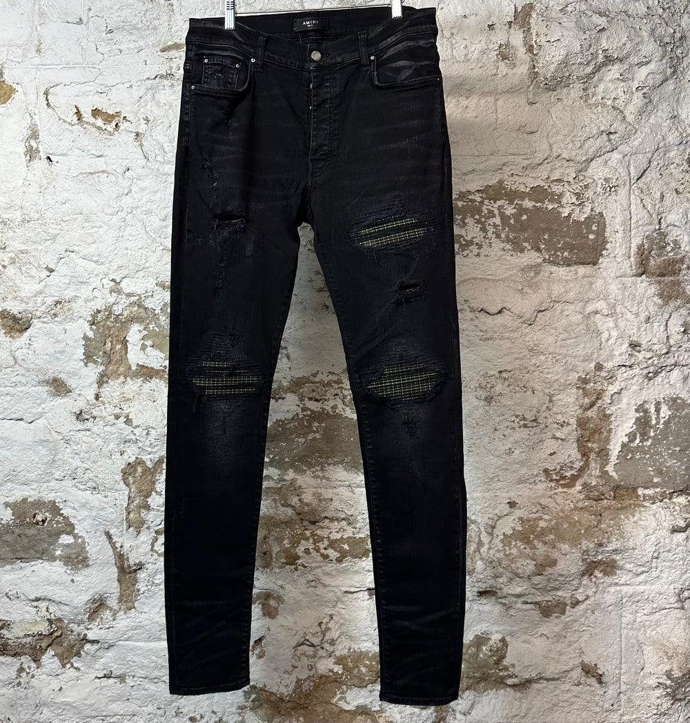 Amiri MX1 Green Gray Plaid Black Denim Jeans Sz 34