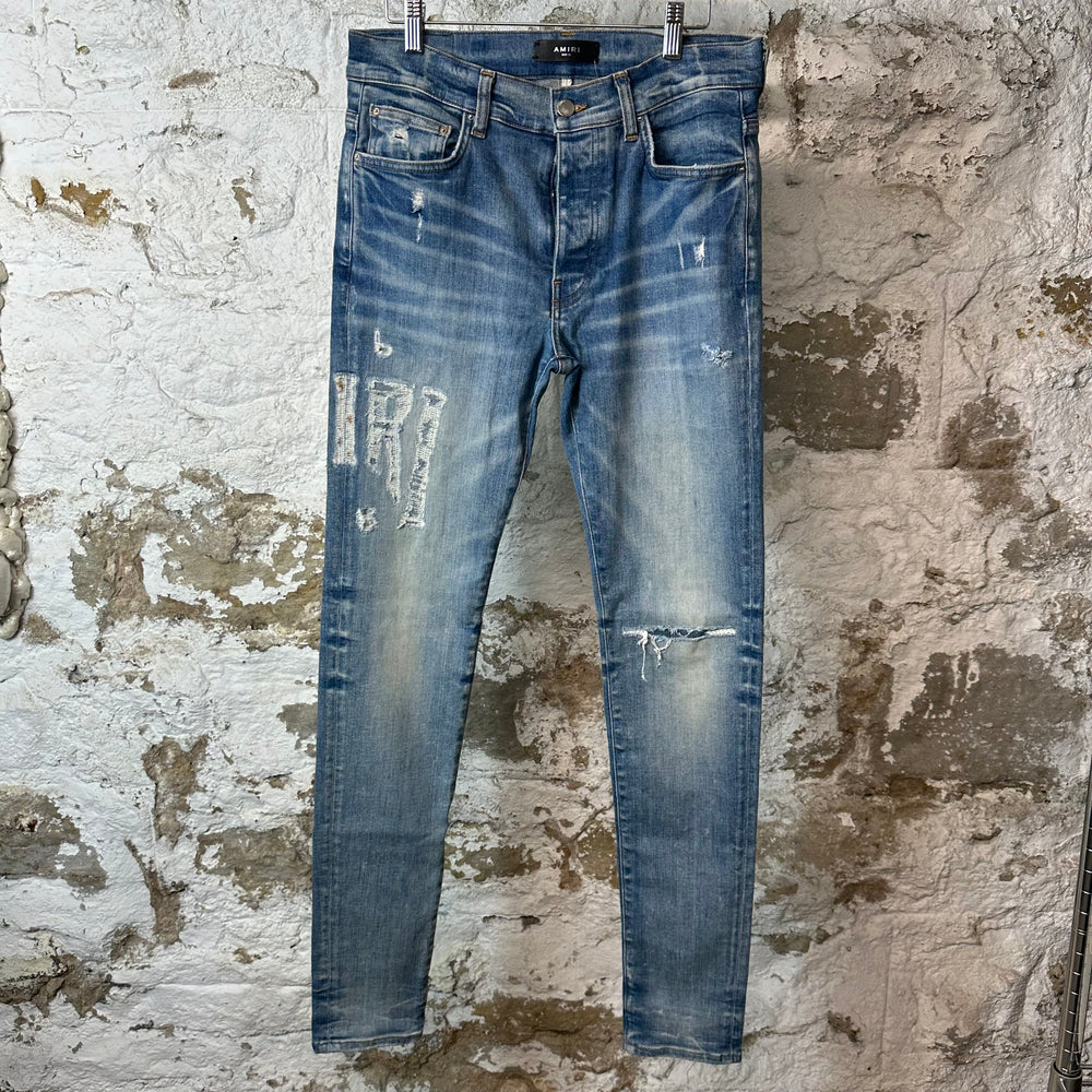 Amiri Distressed Side Spell Blue Denim Jeans Sz 31