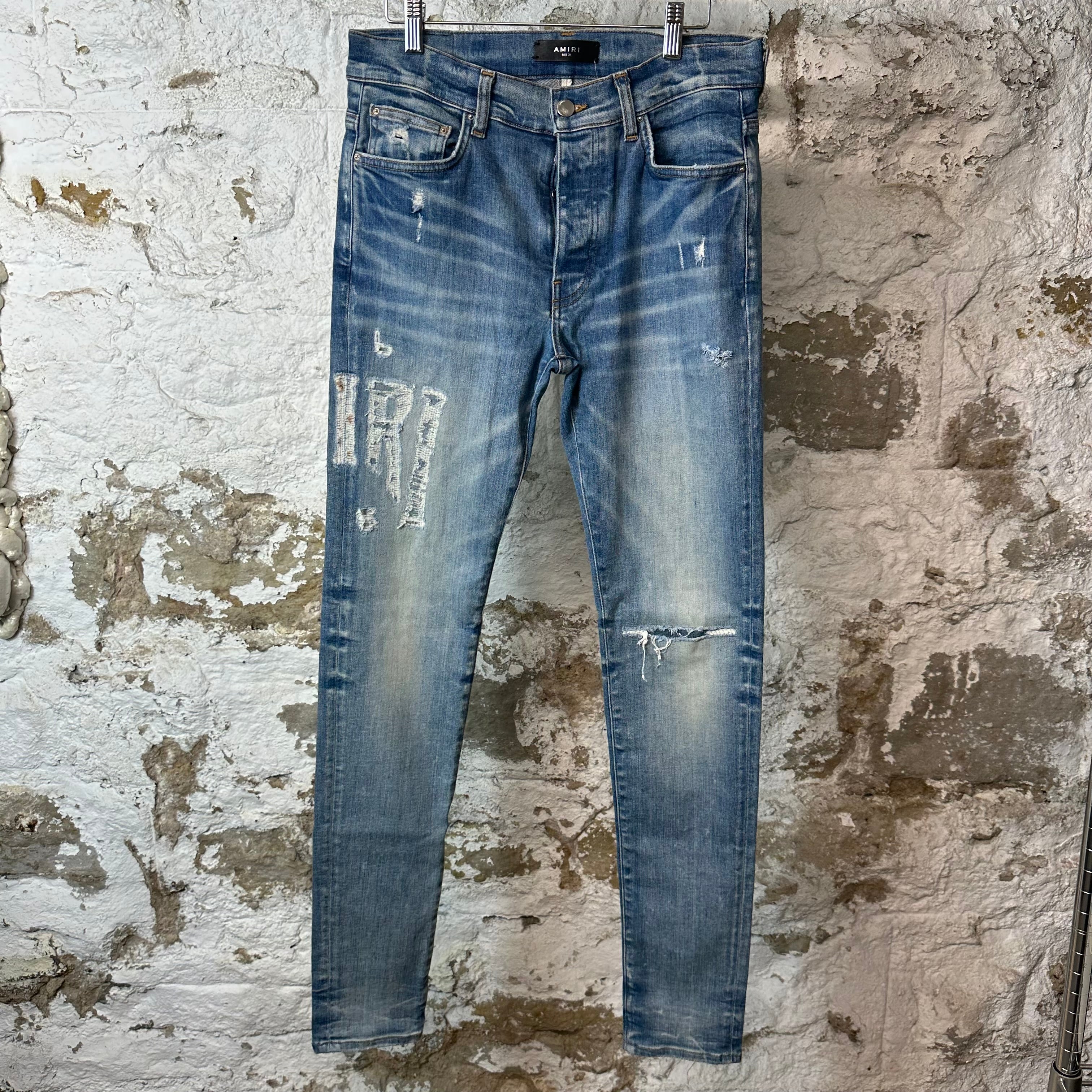 Amiri Distressed Side Spell Blue Denim Jeans Sz 31