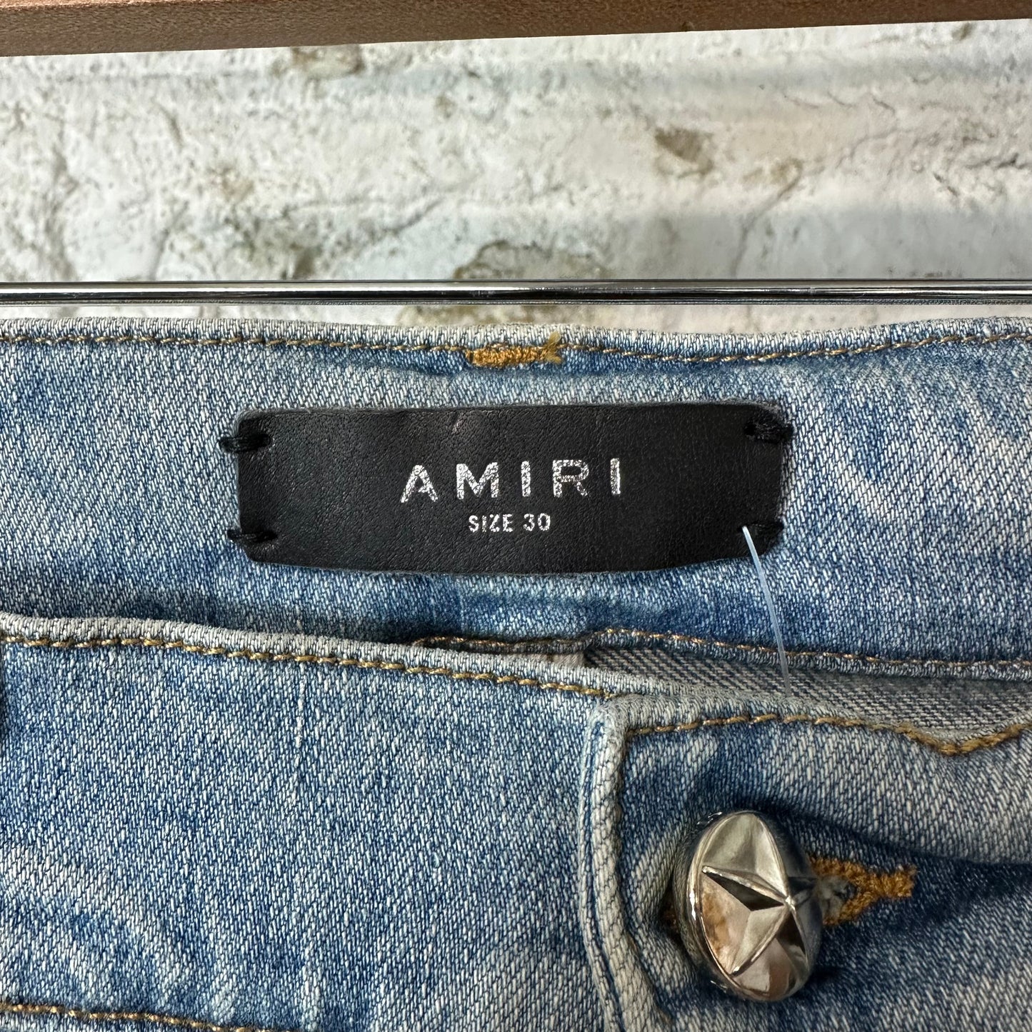 Amiri Orange Leather Star Chemist Blue Denim Jeans Sz 30