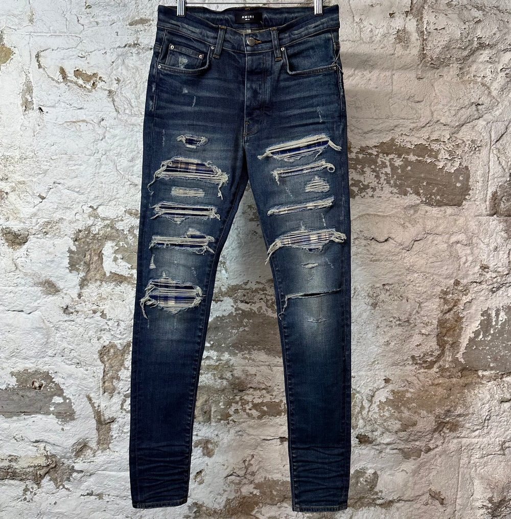 Amiri MX1 Blue Plaid Dark Blue Denim Jeans Sz 30