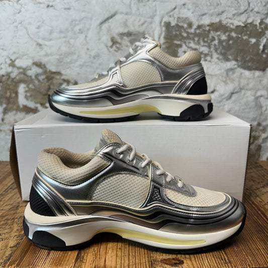 Chanel CC Silver Cream Trainer Sneaker Sz 6.5 (39)
