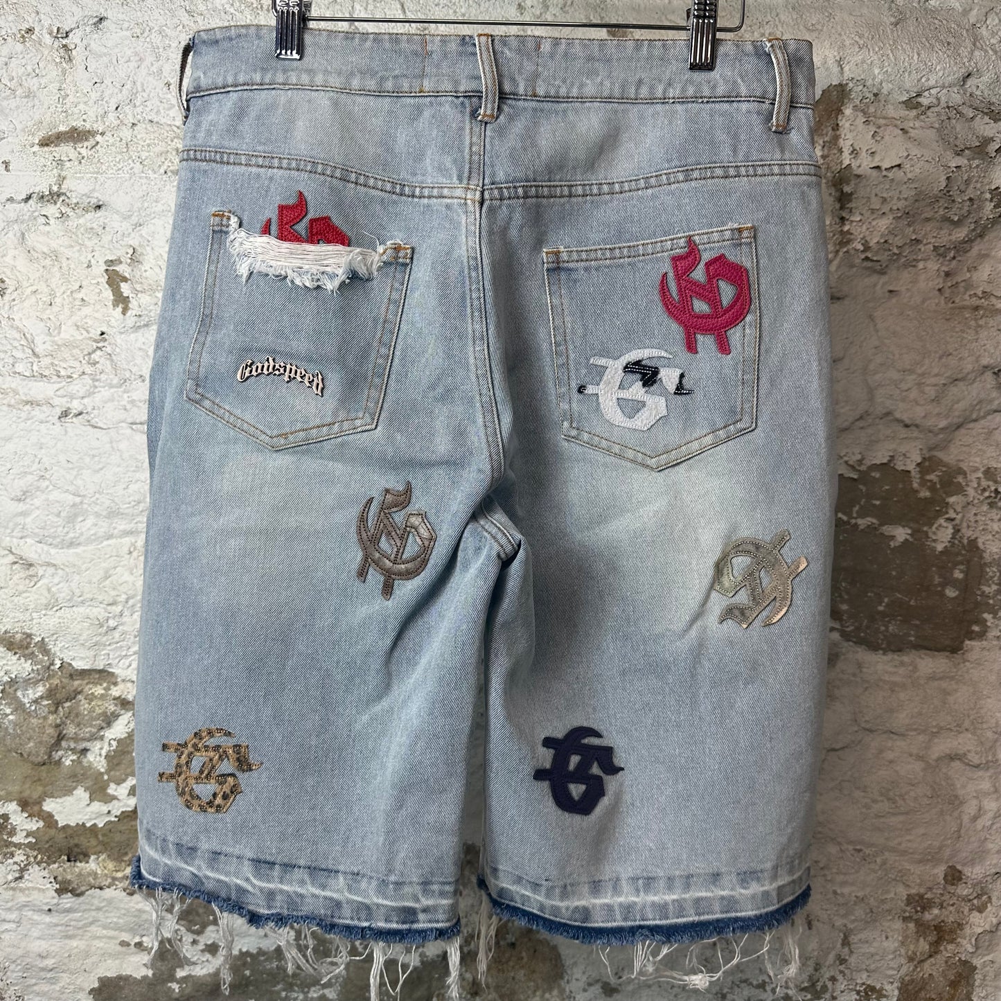 Godspeed Multicolor G Patch Light BLue Jean Shorts Sz 32