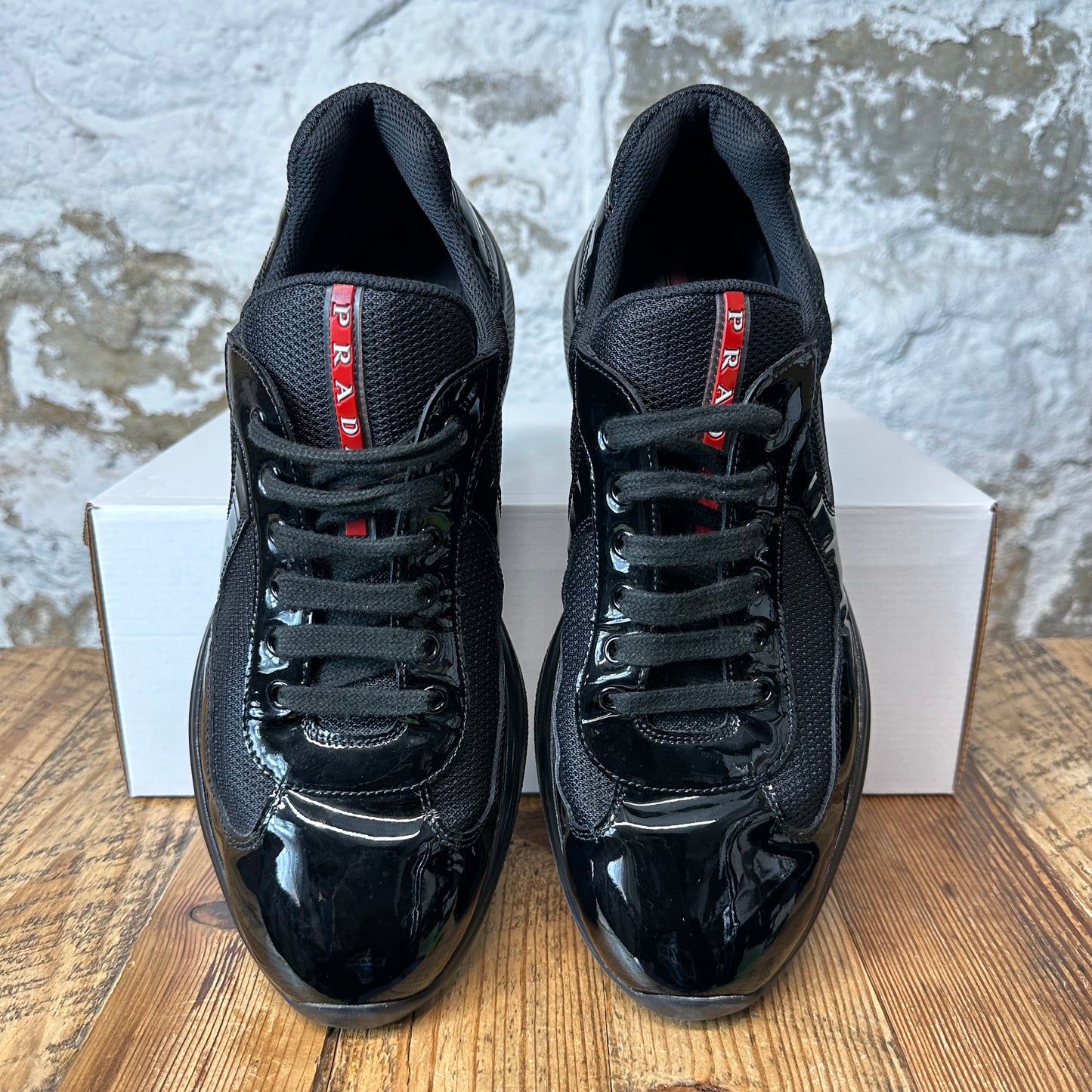 Prada Americas Cup Triple Black Patent Sneaker Sz 9