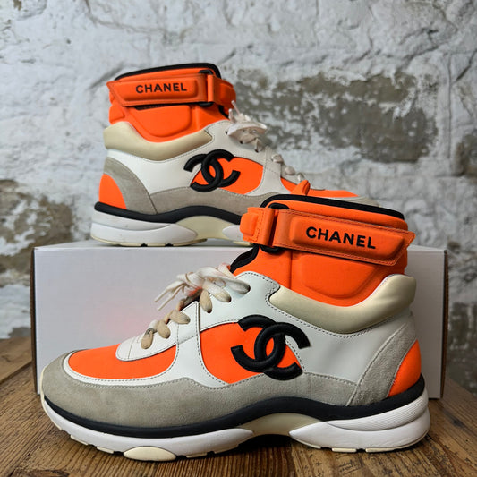 Chanel High White Orange CC Trainer Sneaker Sz 8 (41)