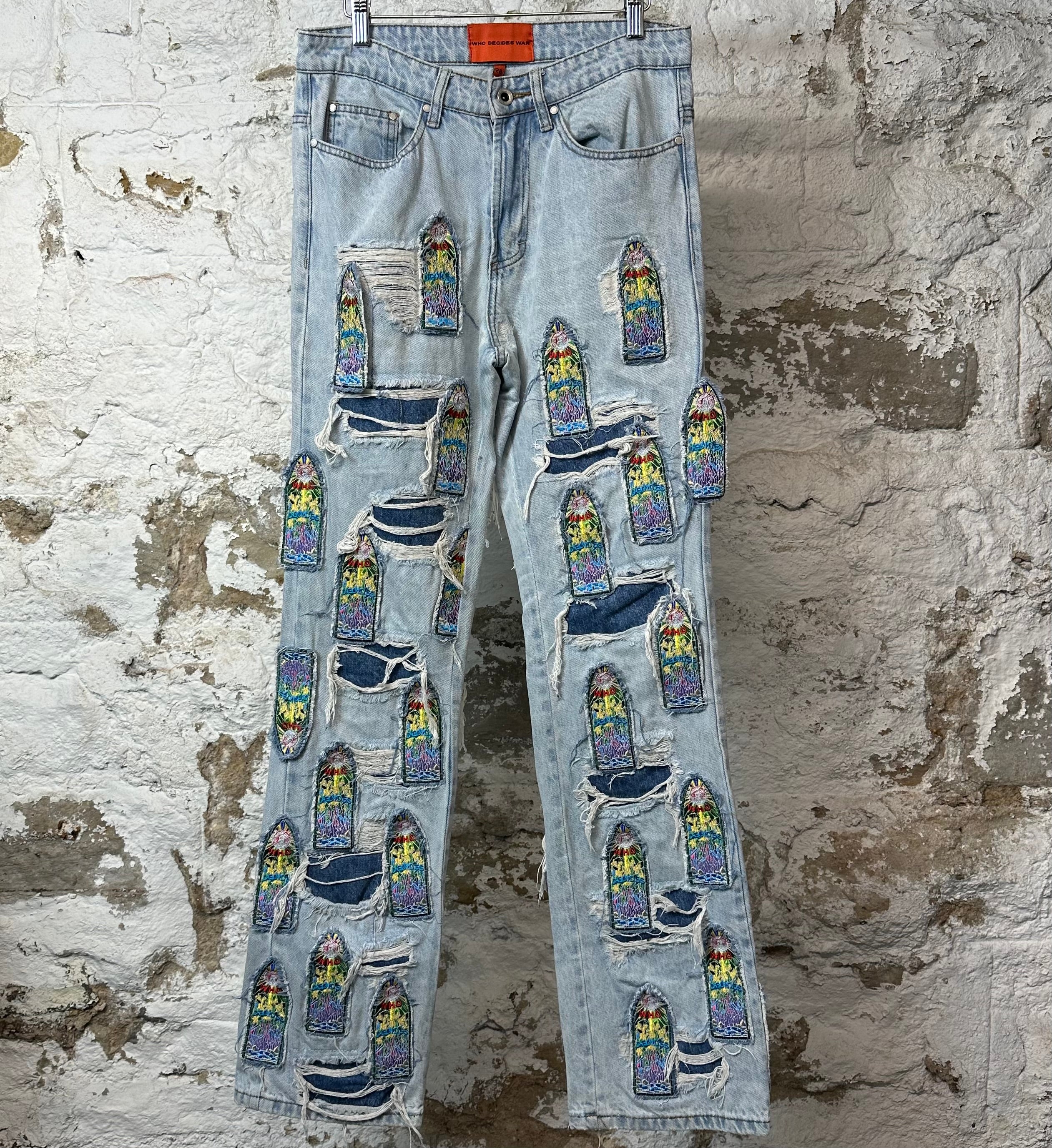 Who Decides War Stained Glass Patched Blue Denim Jeans Sz 28