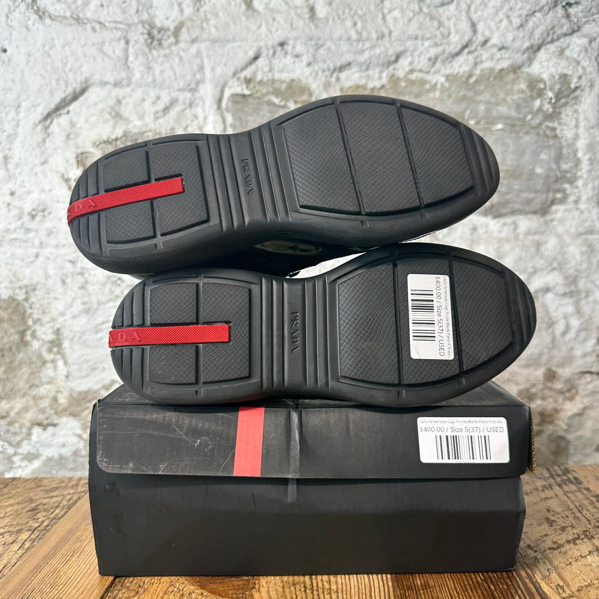 Prada Americas Cup Triple Black Patent Sneaker Sz 5 (37)