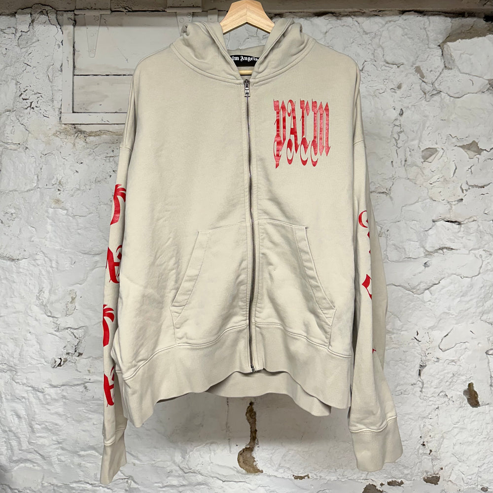 Palm Angels Spiral Spellout Zip Up Hoodie Tan Sz L