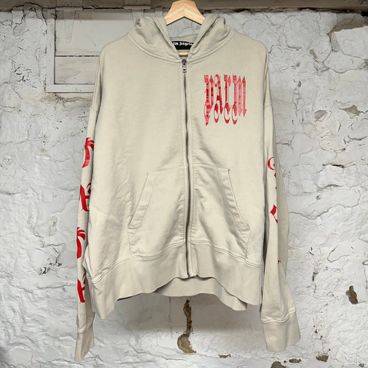 Palm Angels Spiral Spellout Zip Up Hoodie Tan Sz L