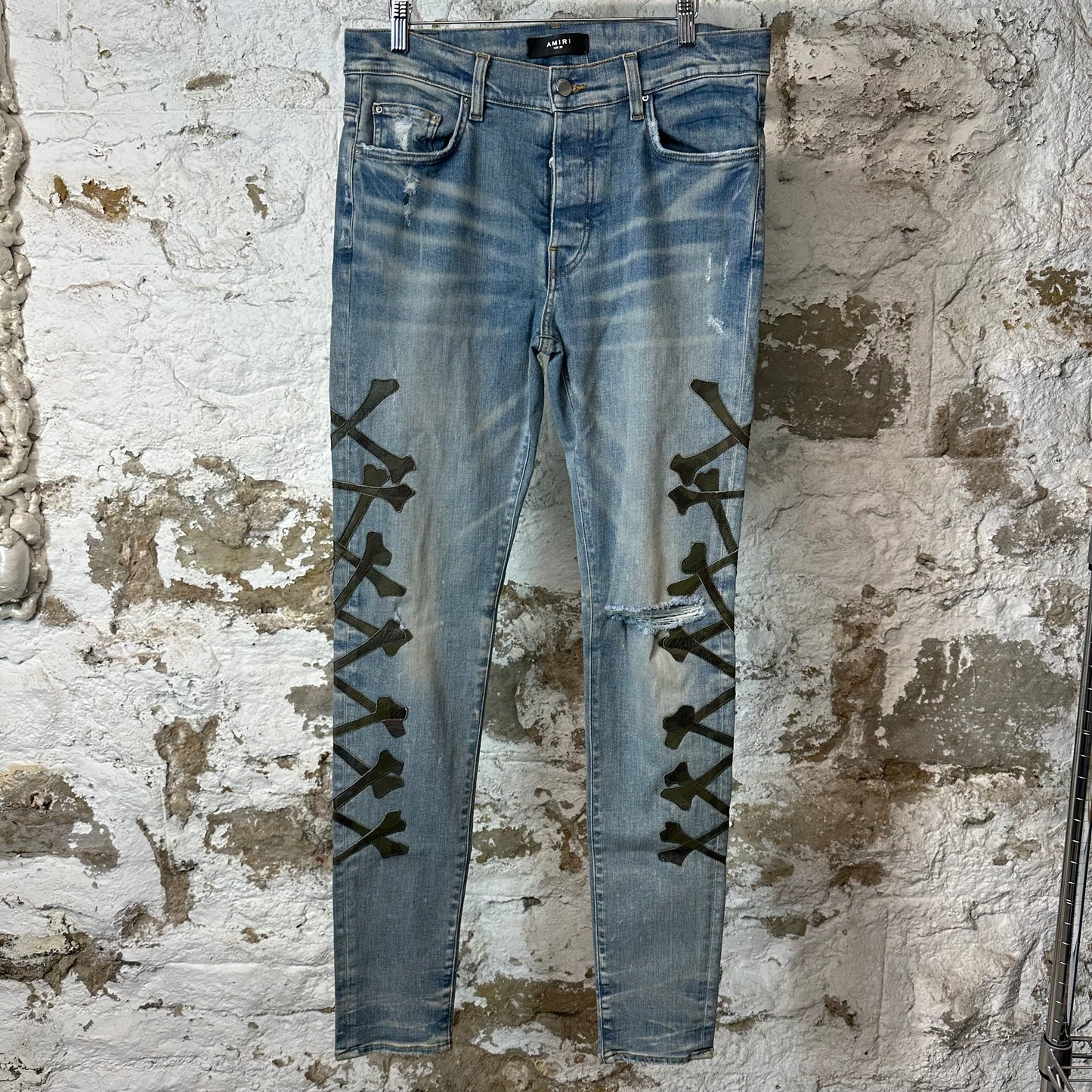 Amiri Green Camo Bones Blue Denim Jeans Sz 33
