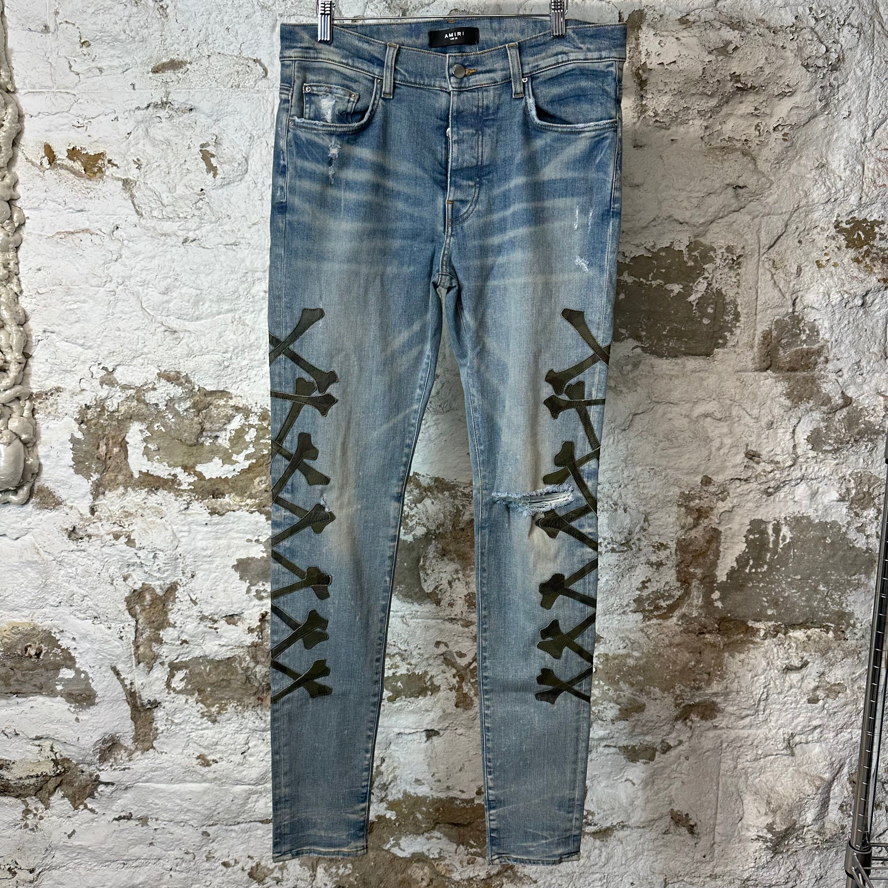 Amiri Green Camo Bones Blue Denim Jeans Sz 33