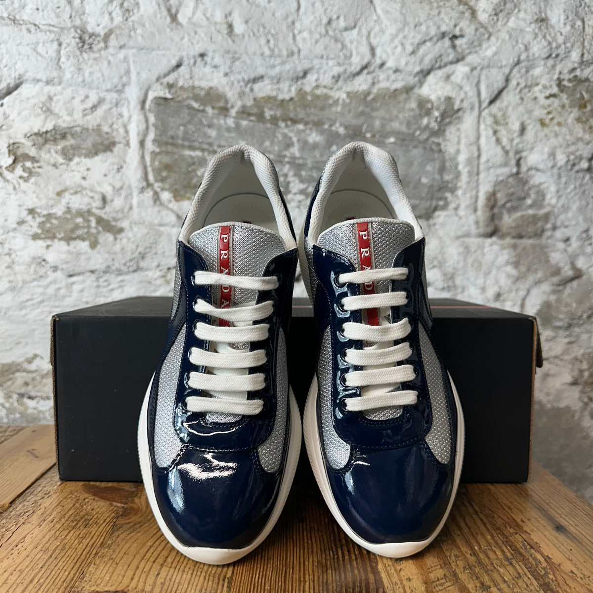 Prada Americas Cup Navy Patent Grey White Sneaker Sz 6