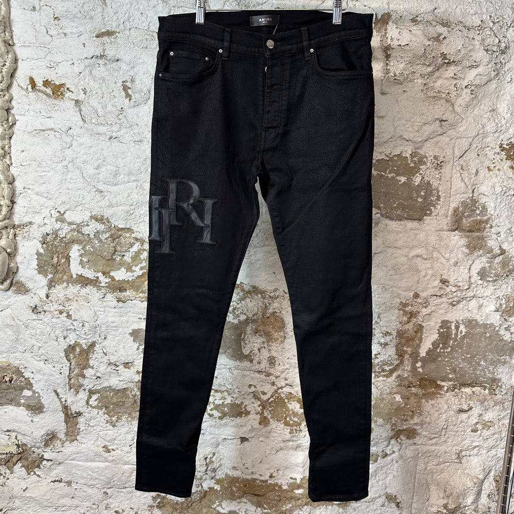 Amiri Stagger Logo Black Waxed Denim Jeans Sz 34